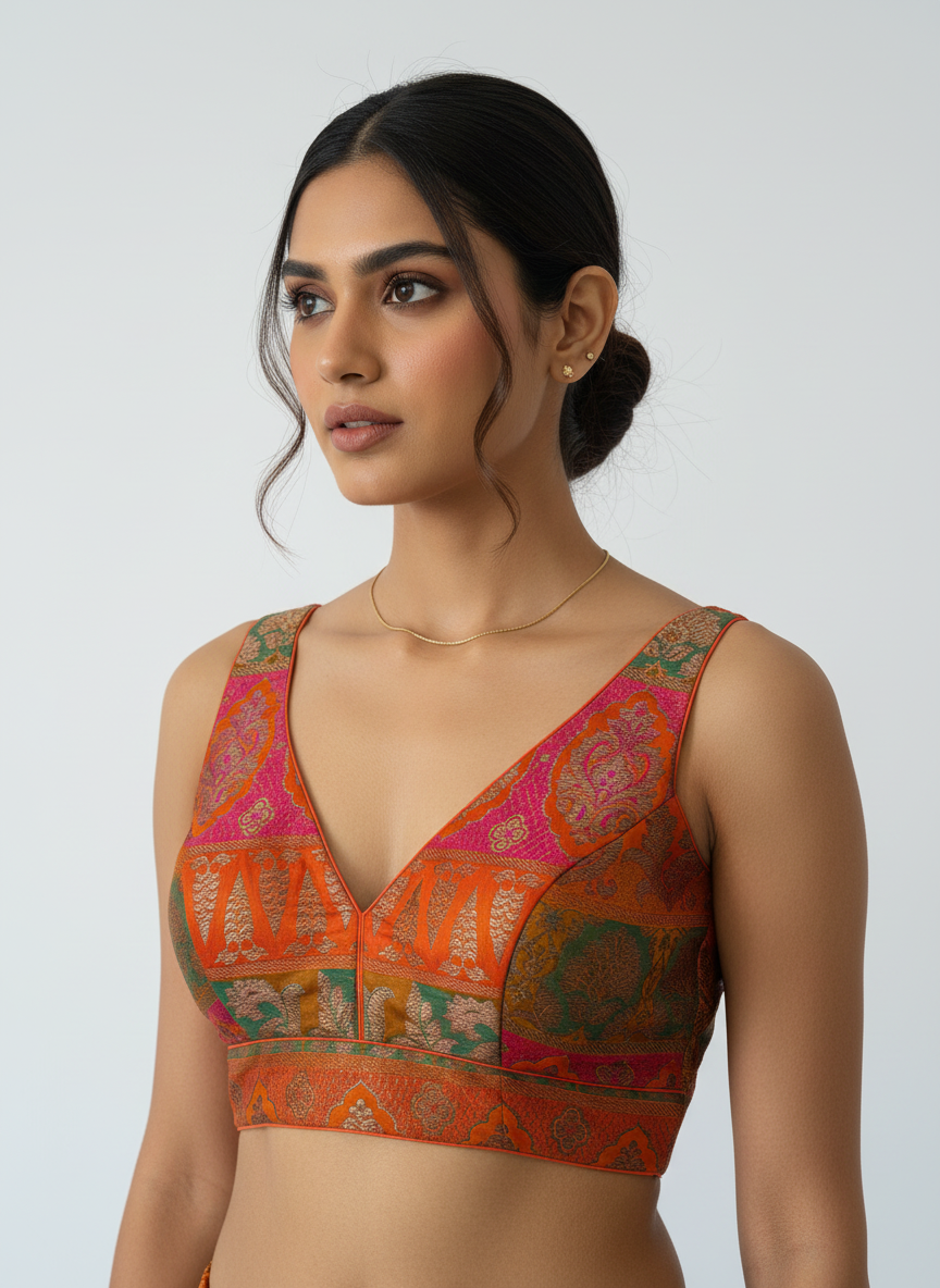 Orange Banarasi brocade saree blouse, styled to pair with a handwoven silk saree.