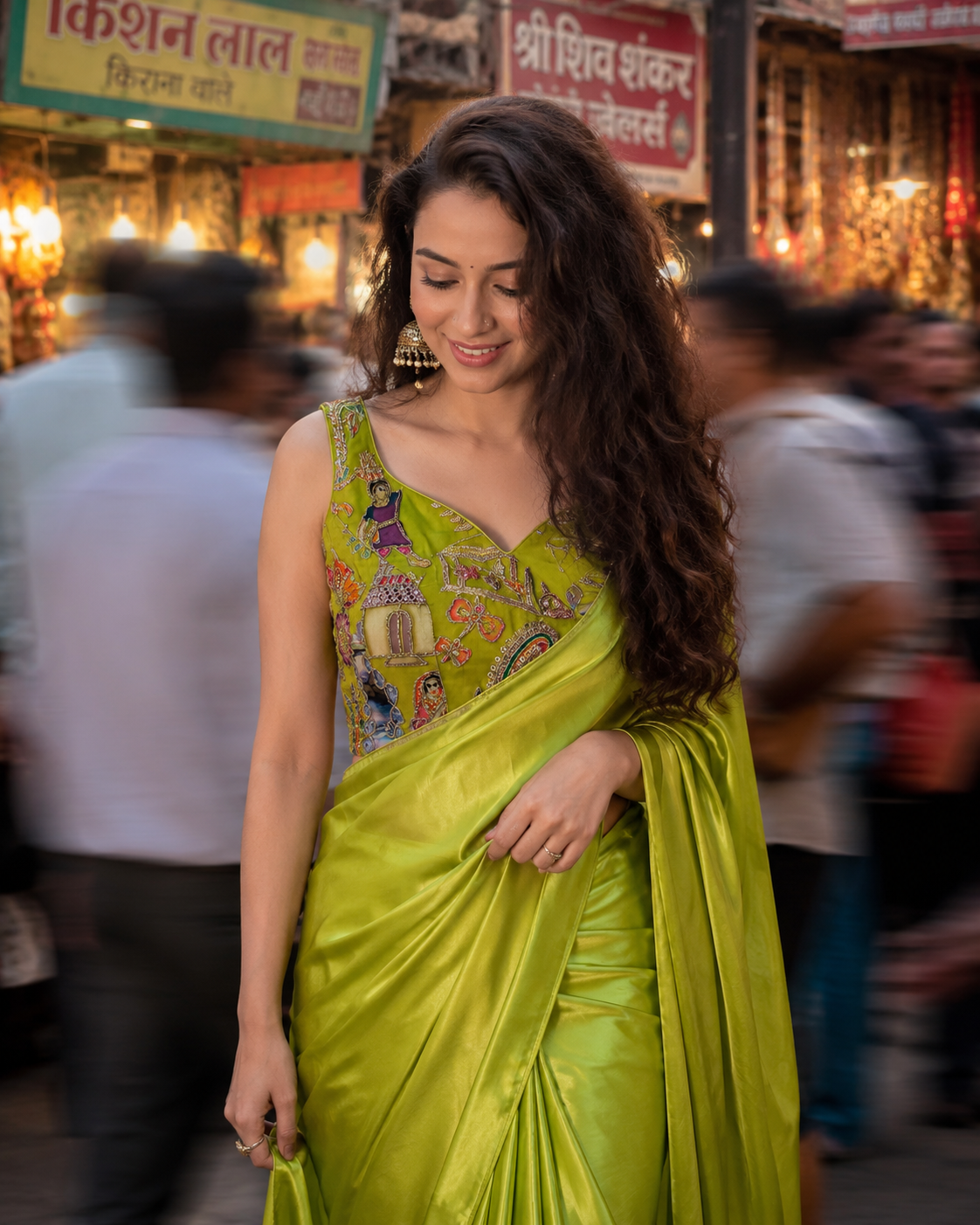 Aparajita Chitralekha mehendi green hand-painted Pichwai saree blouse