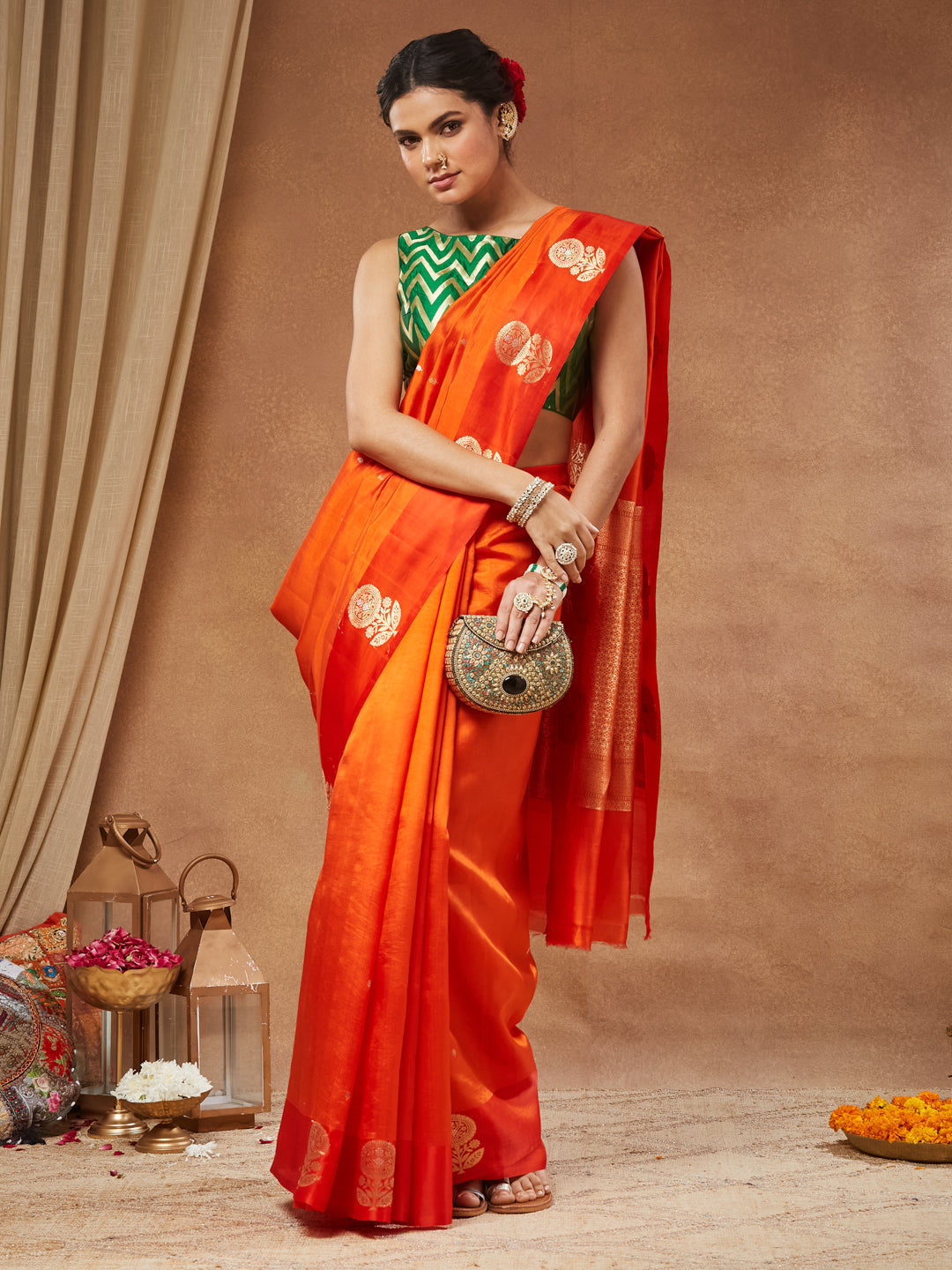 Zamrud - Bottle Green Zari Chevron Brocade Saree Blouse