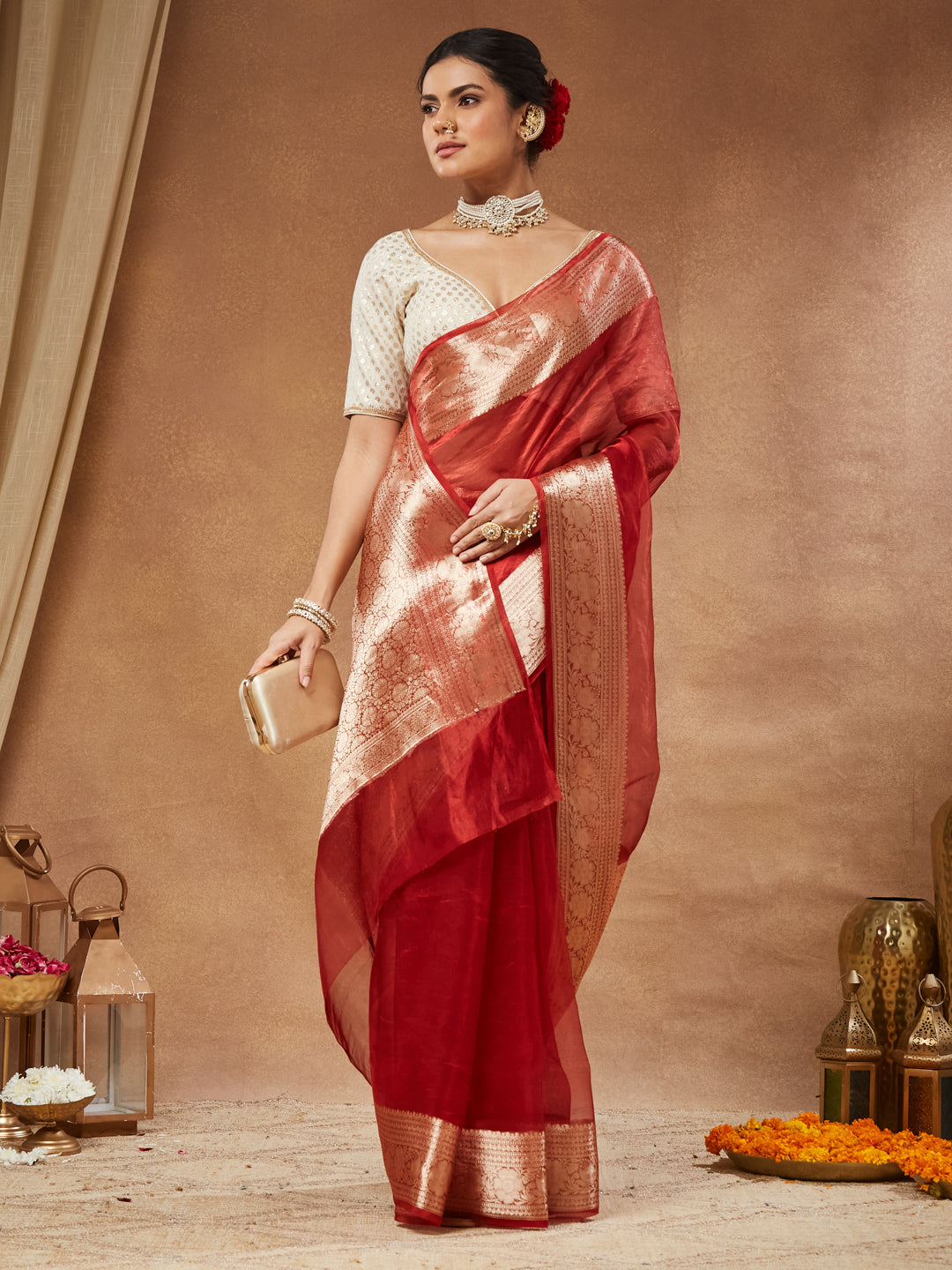 Anokhi - Ivory Gold Butti Sweetheart Saree Blouse