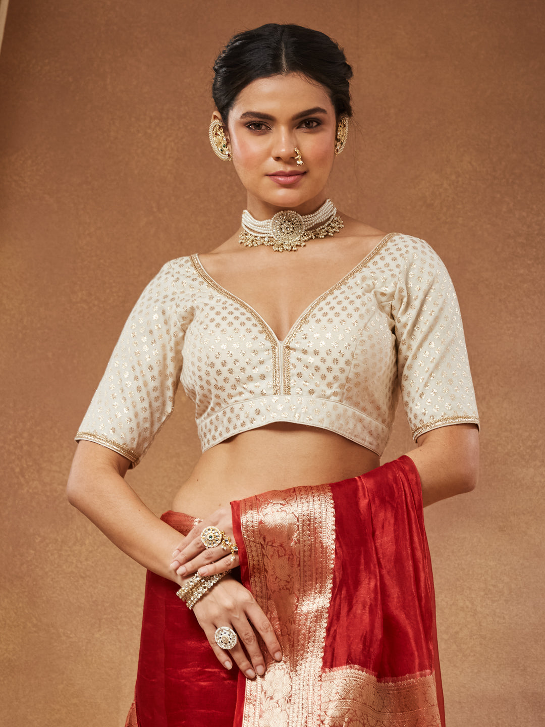 Anokhi - Ivory Gold Butti Sweetheart Saree Blouse