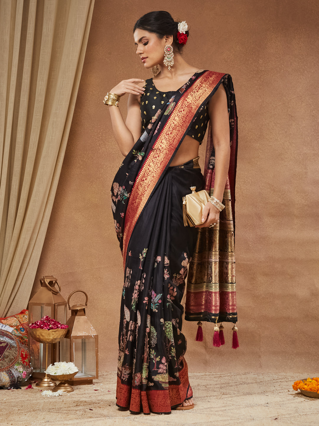 Ratri - Black Raw Silk Gold Butti Saree Blouse
