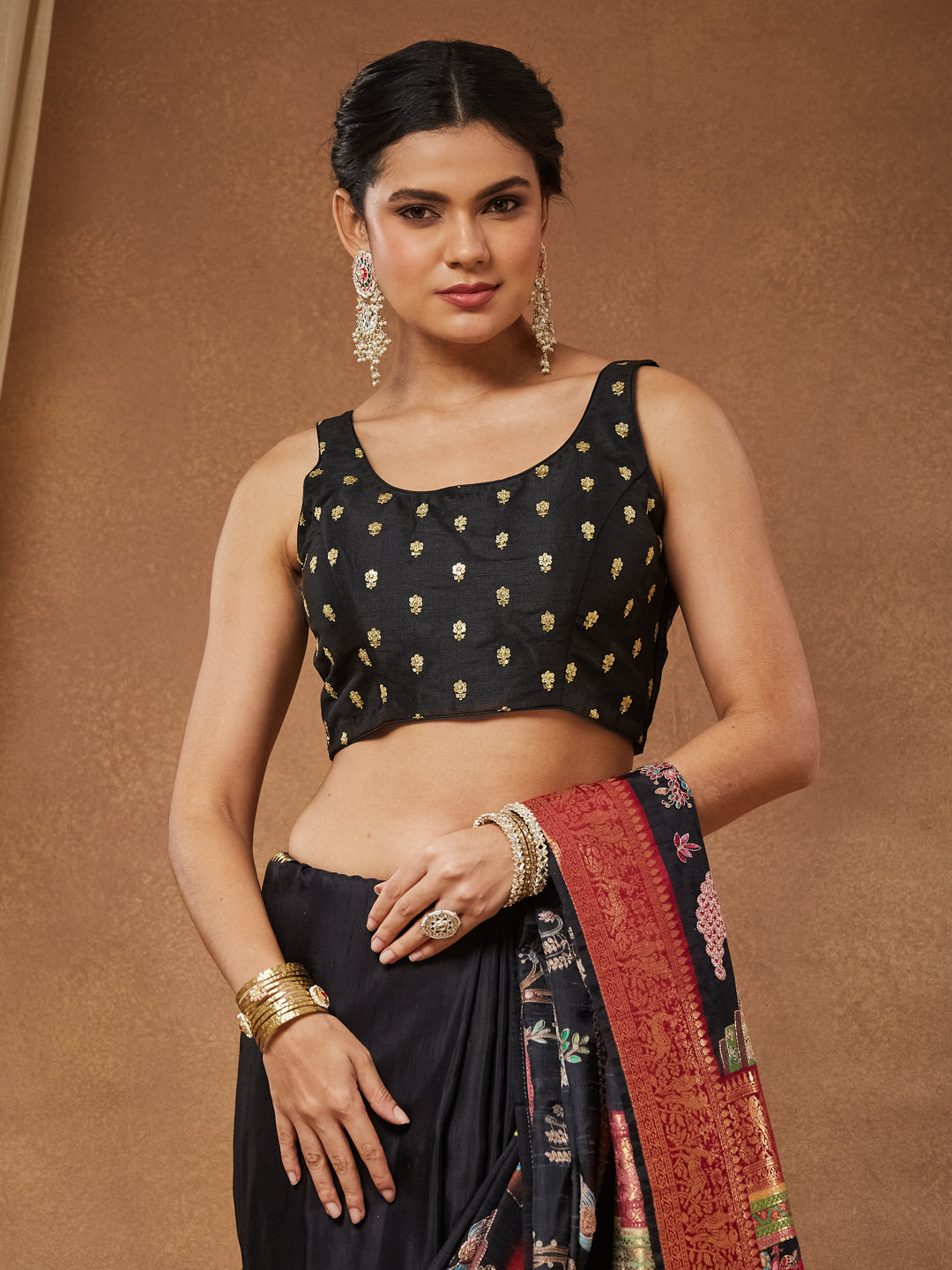 Ratri - Black Raw Silk Gold Butti Saree Blouse