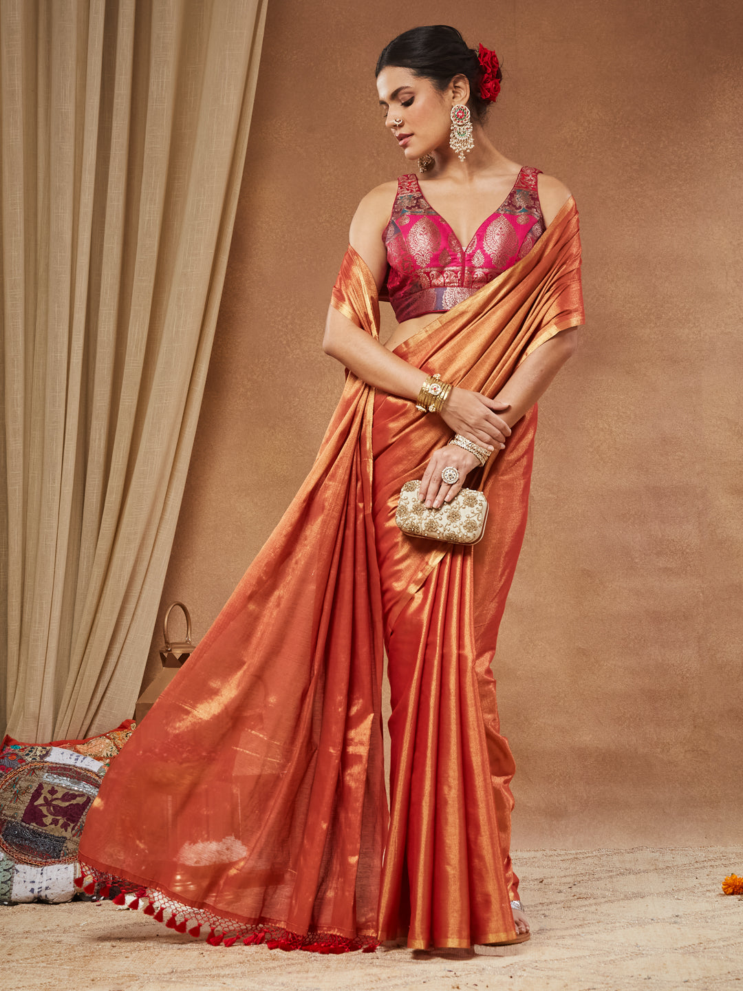 Meenal - Rani Pink Banarasi Brocade Saree Blouse