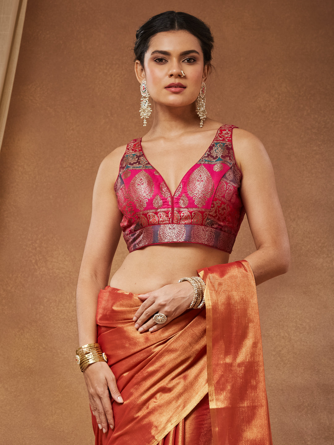 Meenal - Rani Pink Banarasi Brocade Saree Blouse