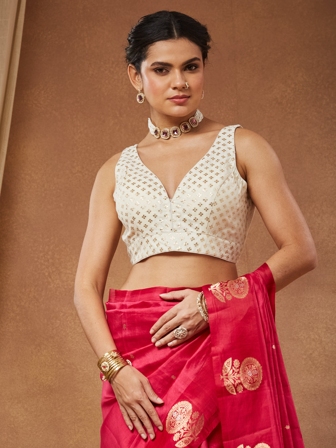 Amrita - Ivory Gold Butti Crossover Saree Blouse