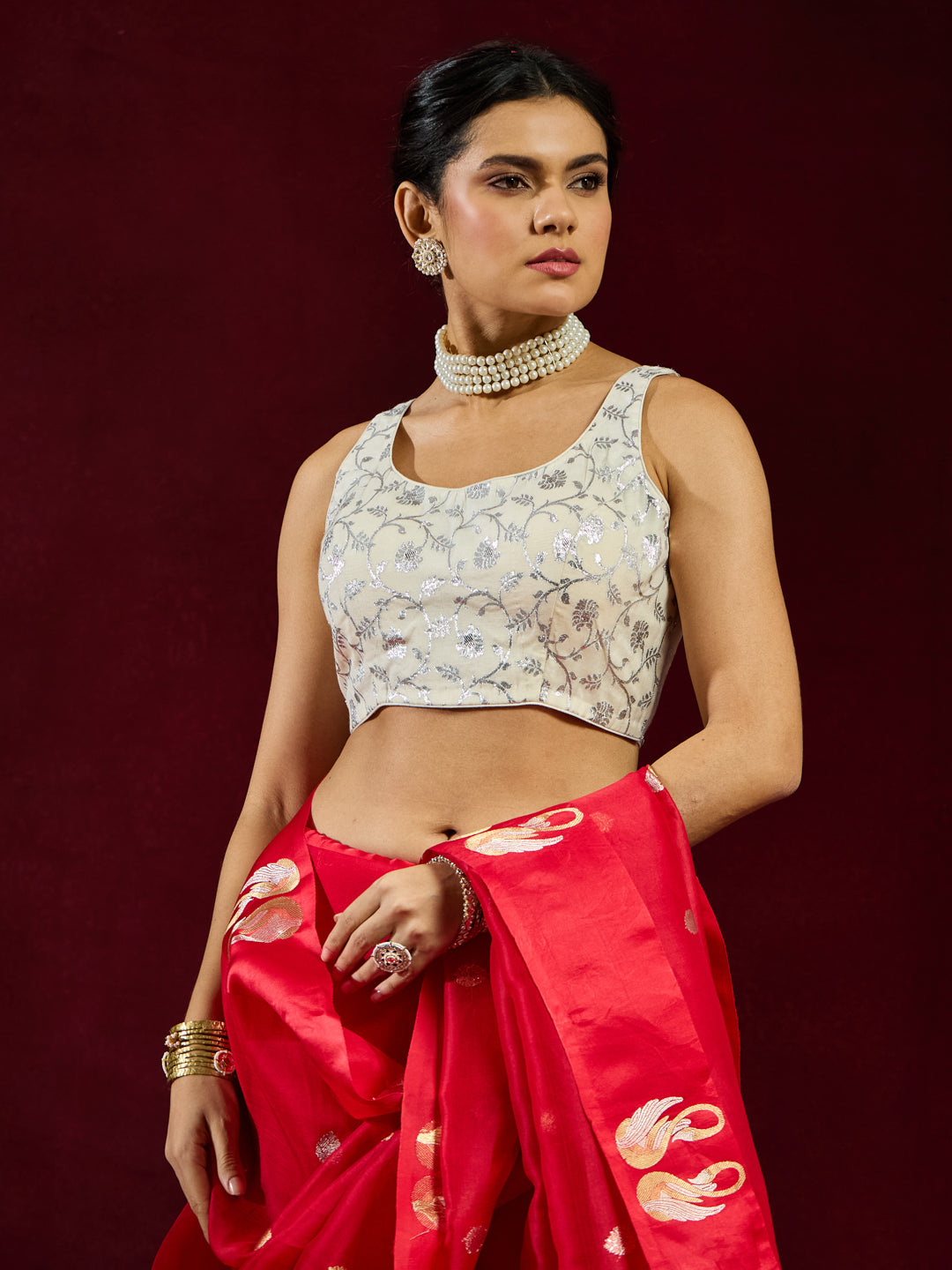 Chandrika - Ivory Silver Sequin Jaal Saree Blouse