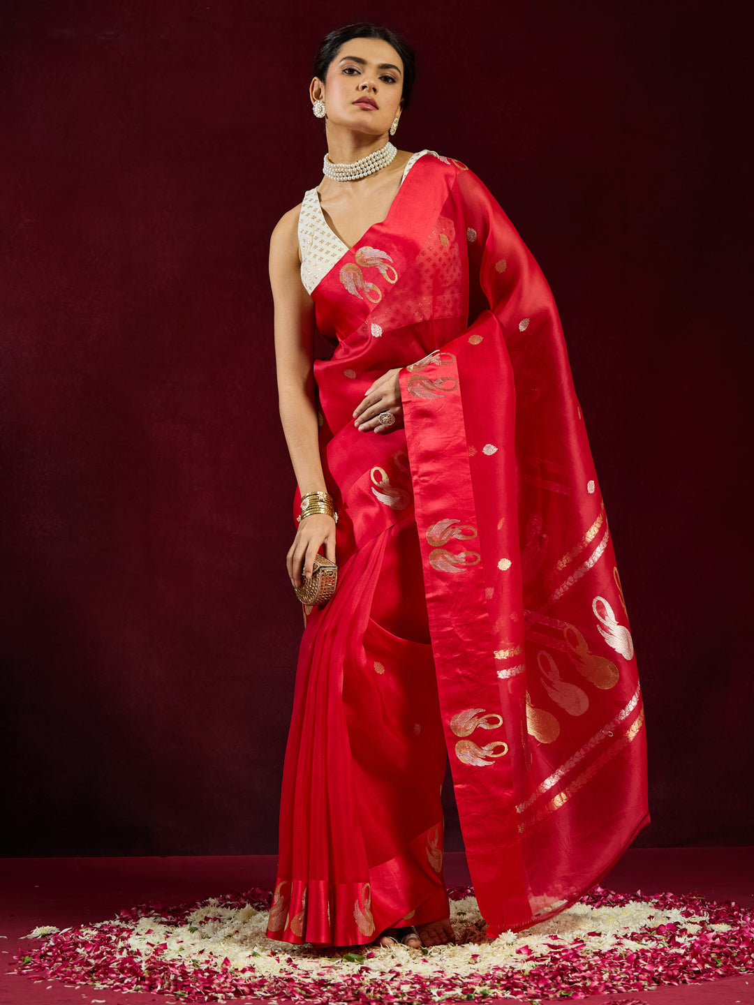 Aarohi - Ivory Gold Sequin Grid Crossover Saree Blouse