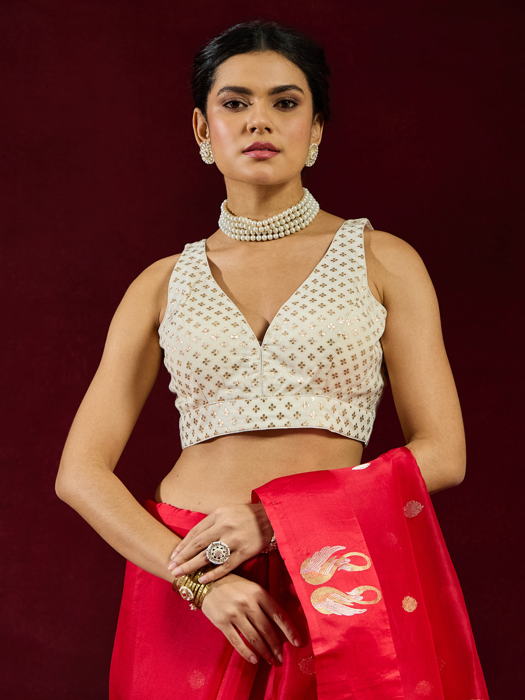 Aarohi - Ivory Gold Sequin Grid Crossover Saree Blouse