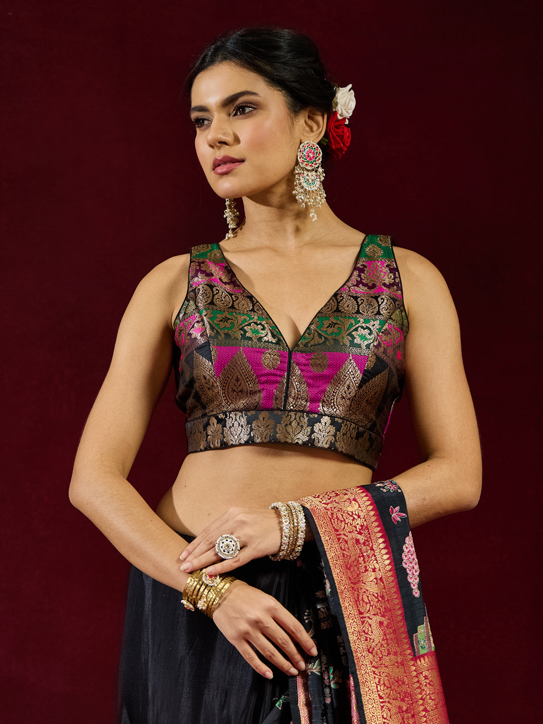Rangoli - Black Meenakari Banarasi Brocade Saree Blouse