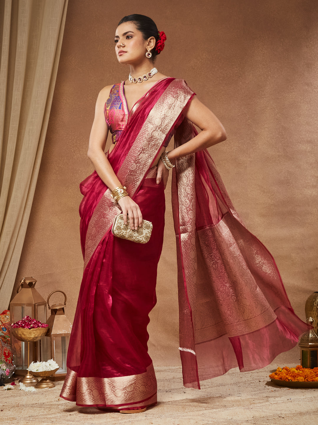 Kalika - Rani Pink and Blue Banarasi Brocade Saree Blouse