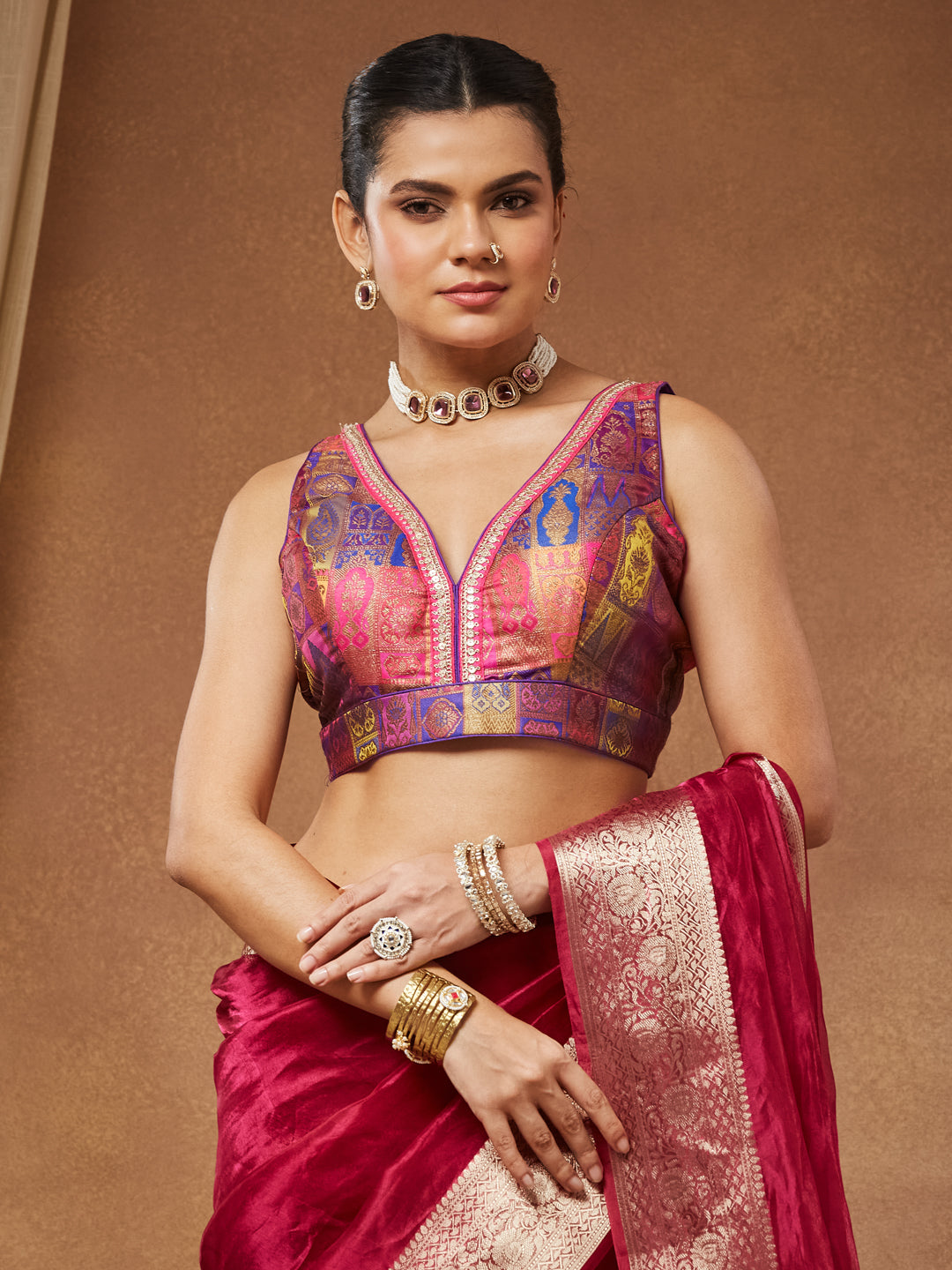 Kalika - Rani Pink and Blue Banarasi Brocade Saree Blouse