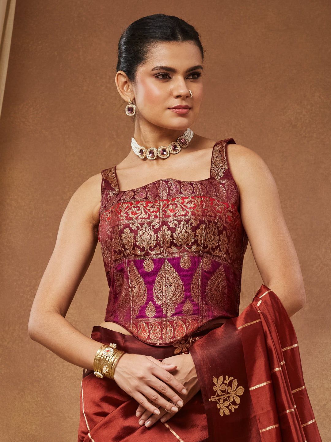 Zohra - Rust and Magenta Banarasi Brocade Corset Blouse