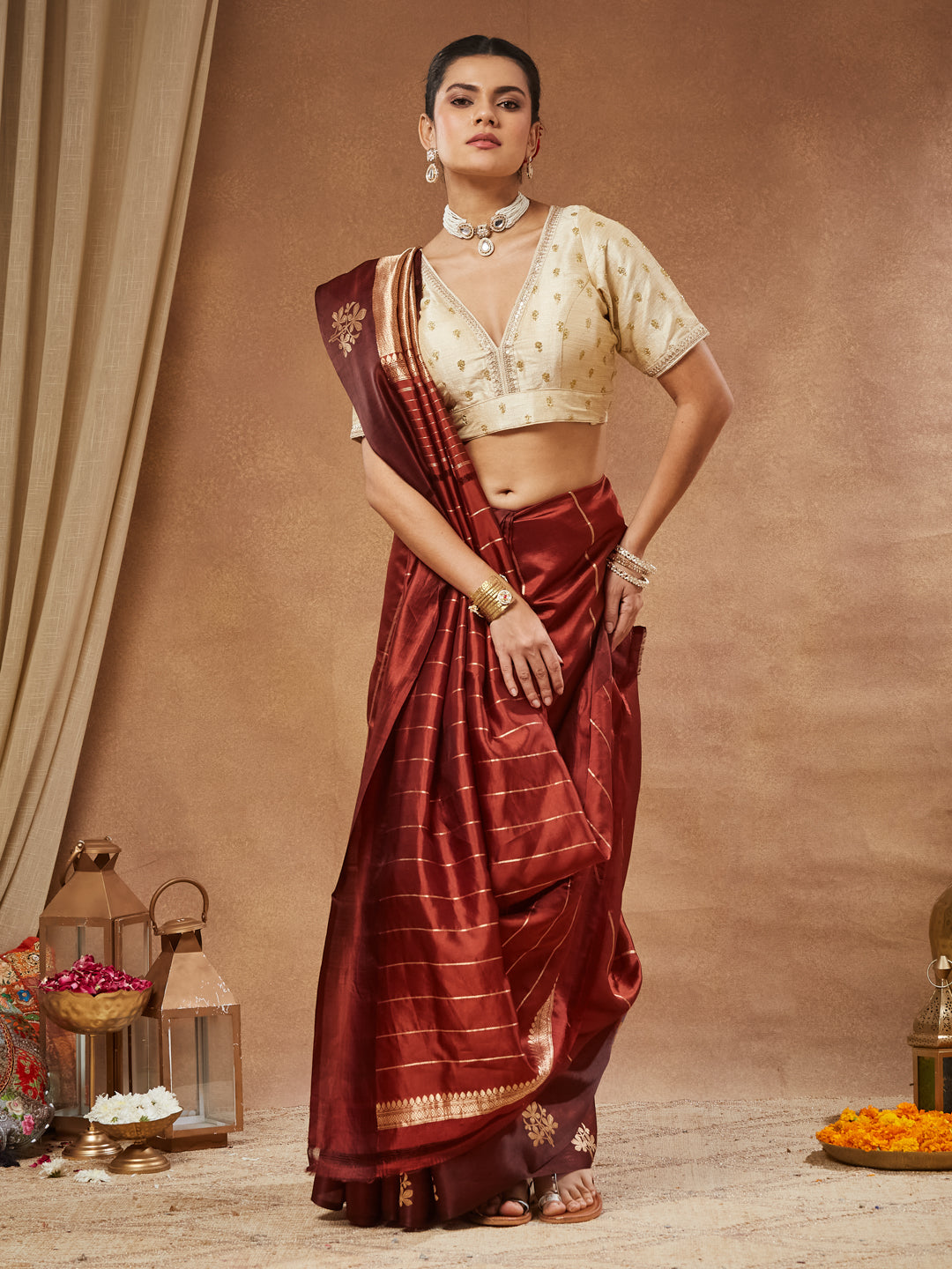 Zarina - Champagne Gold Raw Silk Butti Saree Blouse