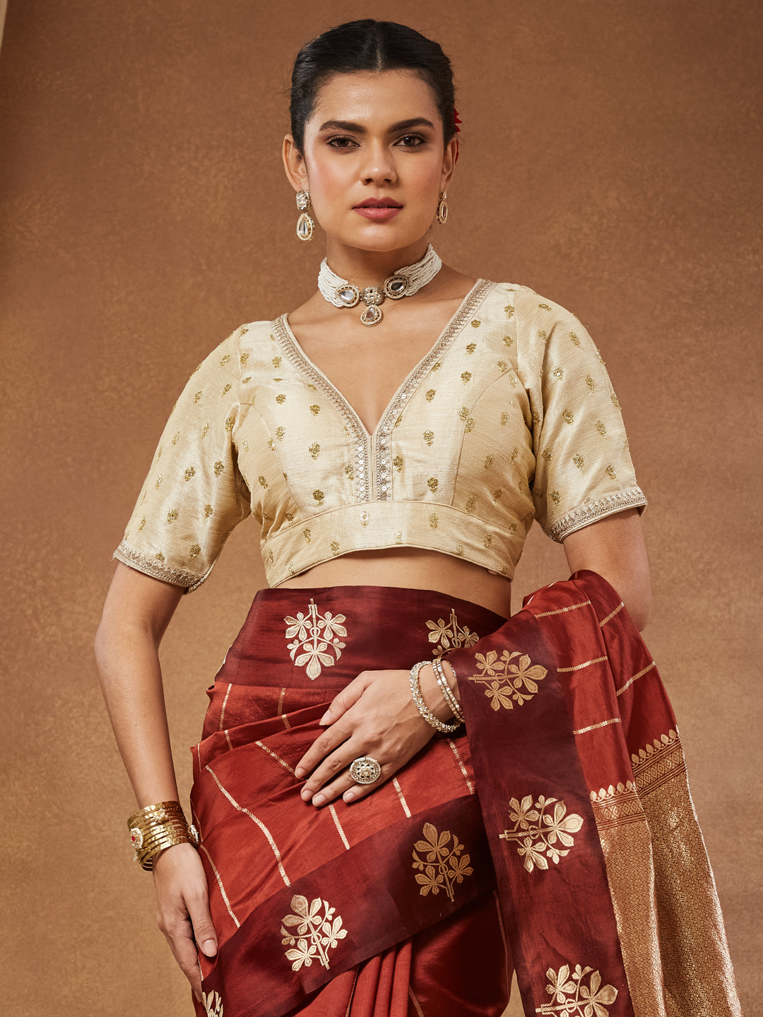 Zarina - Champagne Gold Raw Silk Butti Saree Blouse