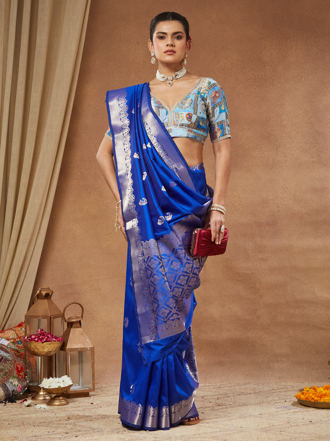 Nazneen - Powder Blue Printed Silk Saree Blouse with Bead Work