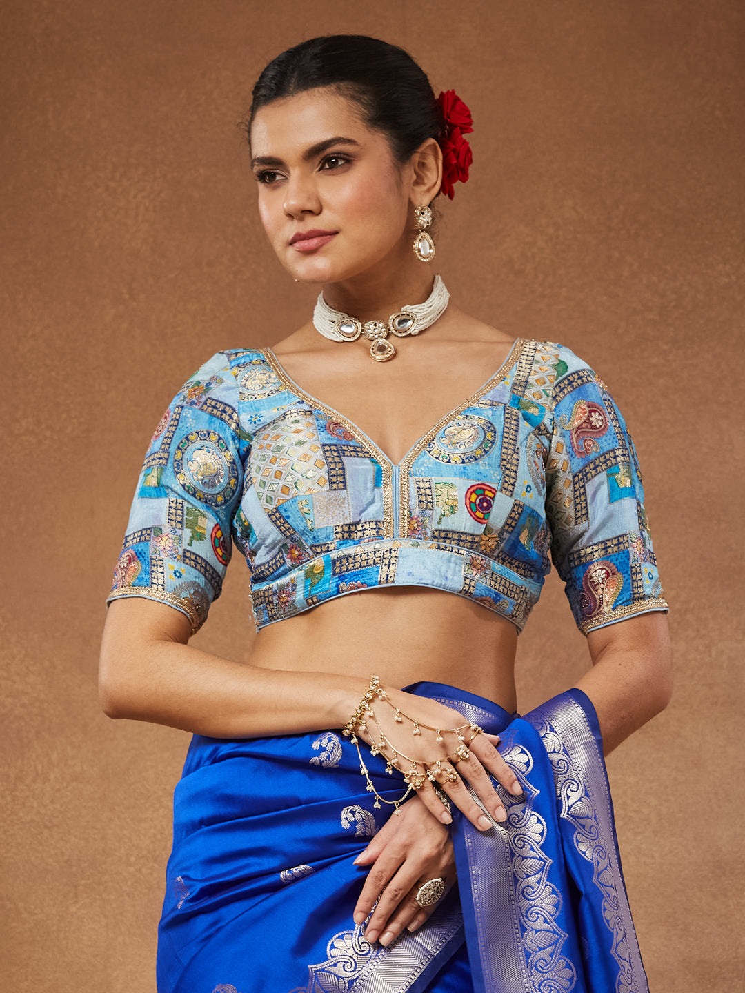 Nazneen - Powder Blue Printed Silk Saree Blouse with Bead Work