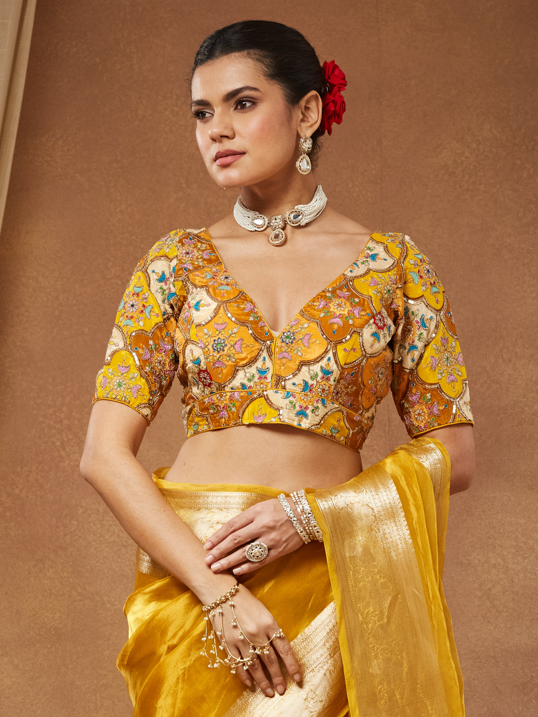 Basanti - Marigold Scalloped Floral Embroidered Saree Blouse
