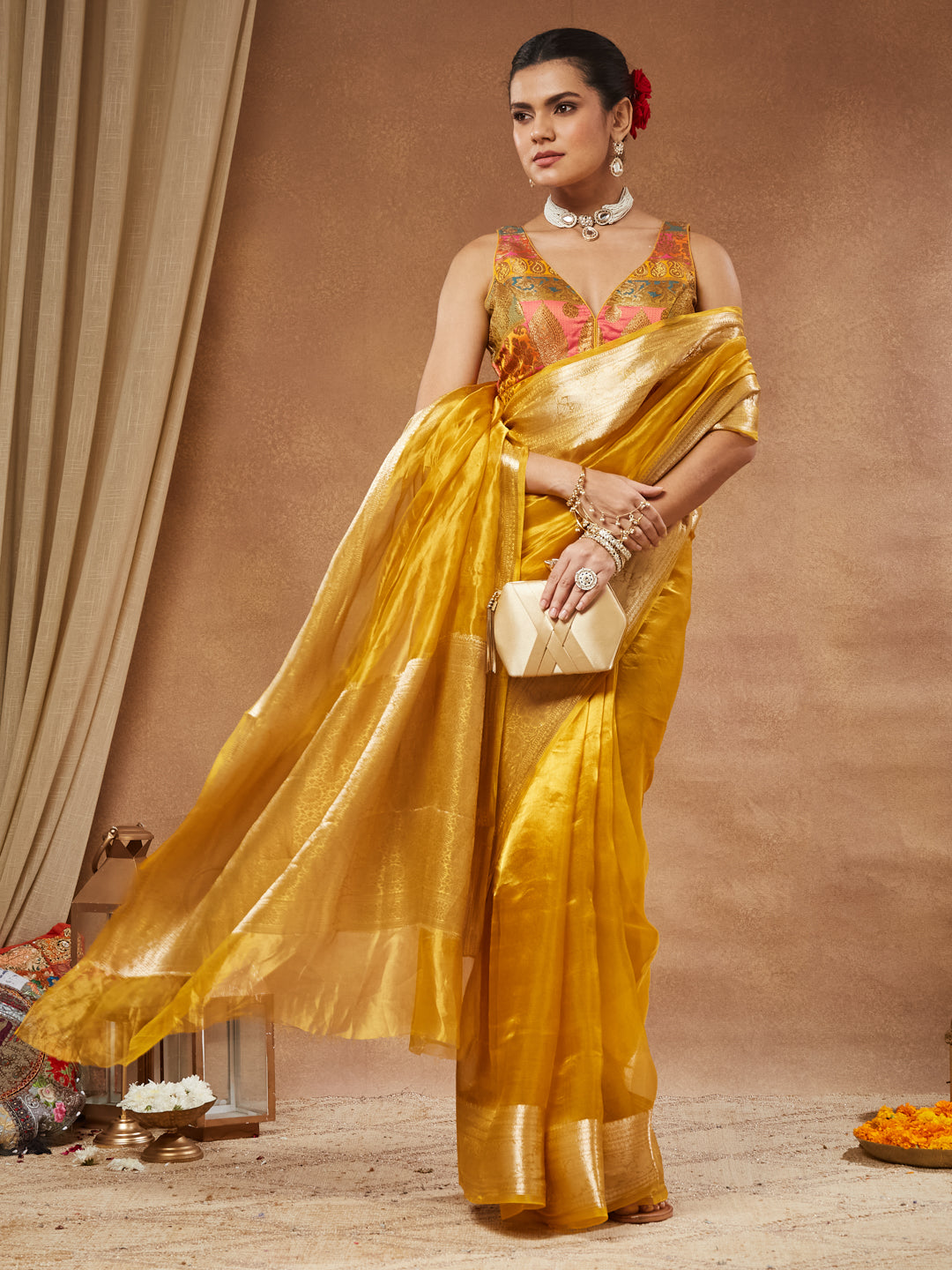Rangreza - Antique Gold Brocade Patchwork Saree Blouse