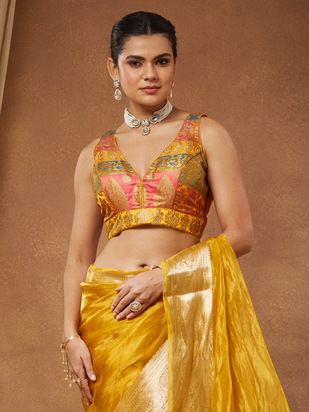 Rangreza - Antique Gold Brocade Patchwork Saree Blouse