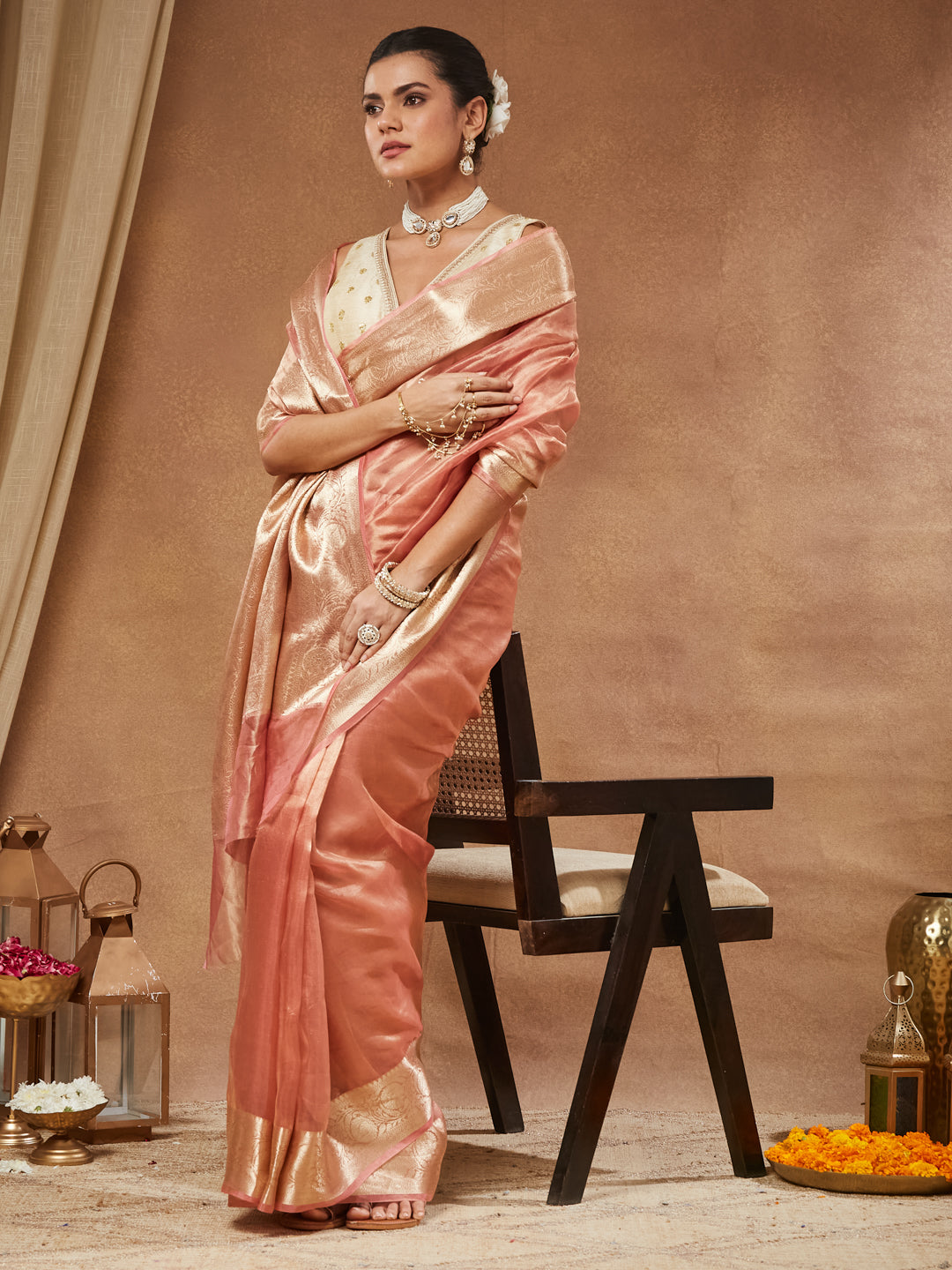Aashna - Champagne Ivory Raw Silk Zari Butti Saree Blouse
