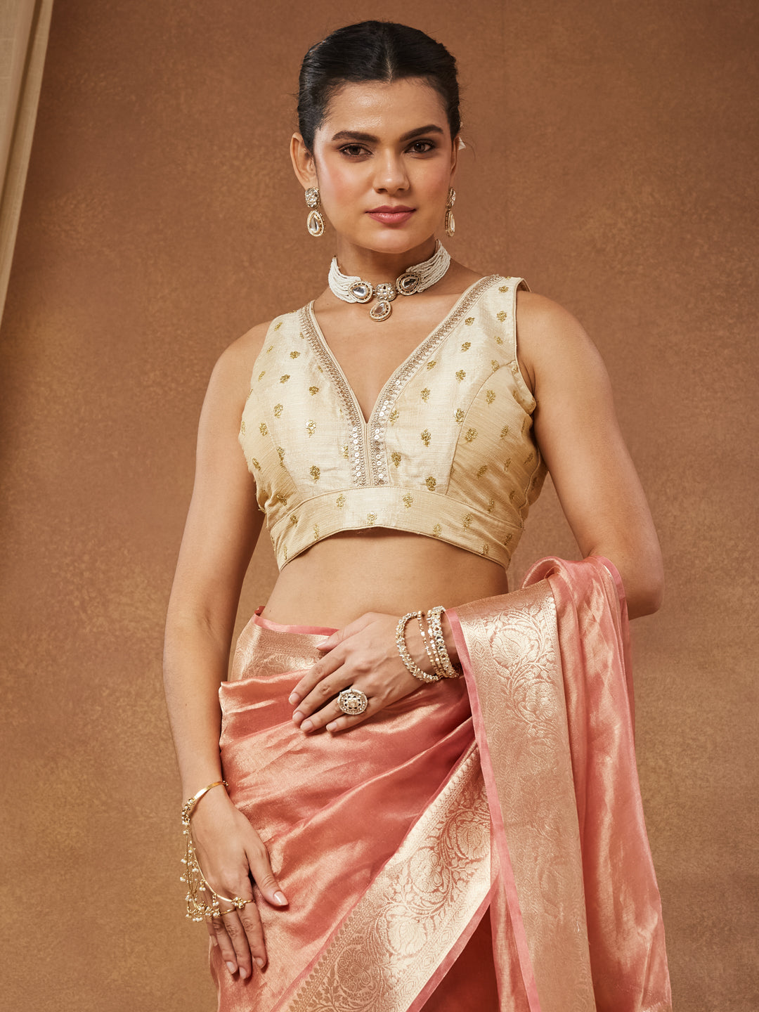 Aashna - Champagne Ivory Raw Silk Zari Butti Saree Blouse