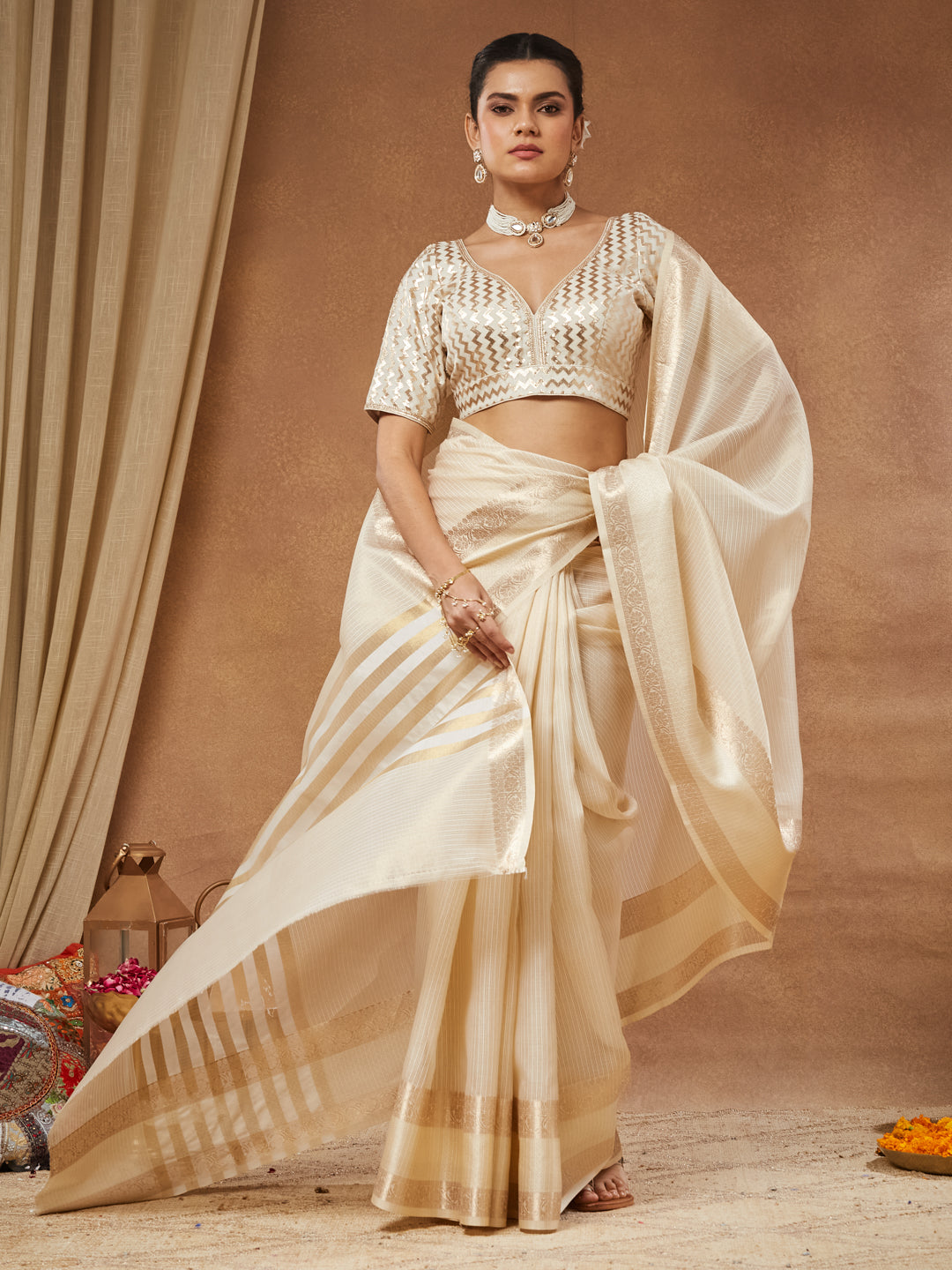 Zeenat - Ivory Gold Sequin Chevron Saree Blouse
