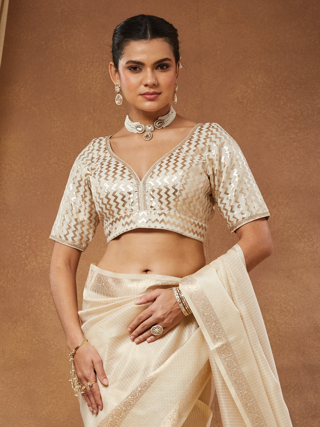 Zeenat - Ivory Gold Sequin Chevron Saree Blouse
