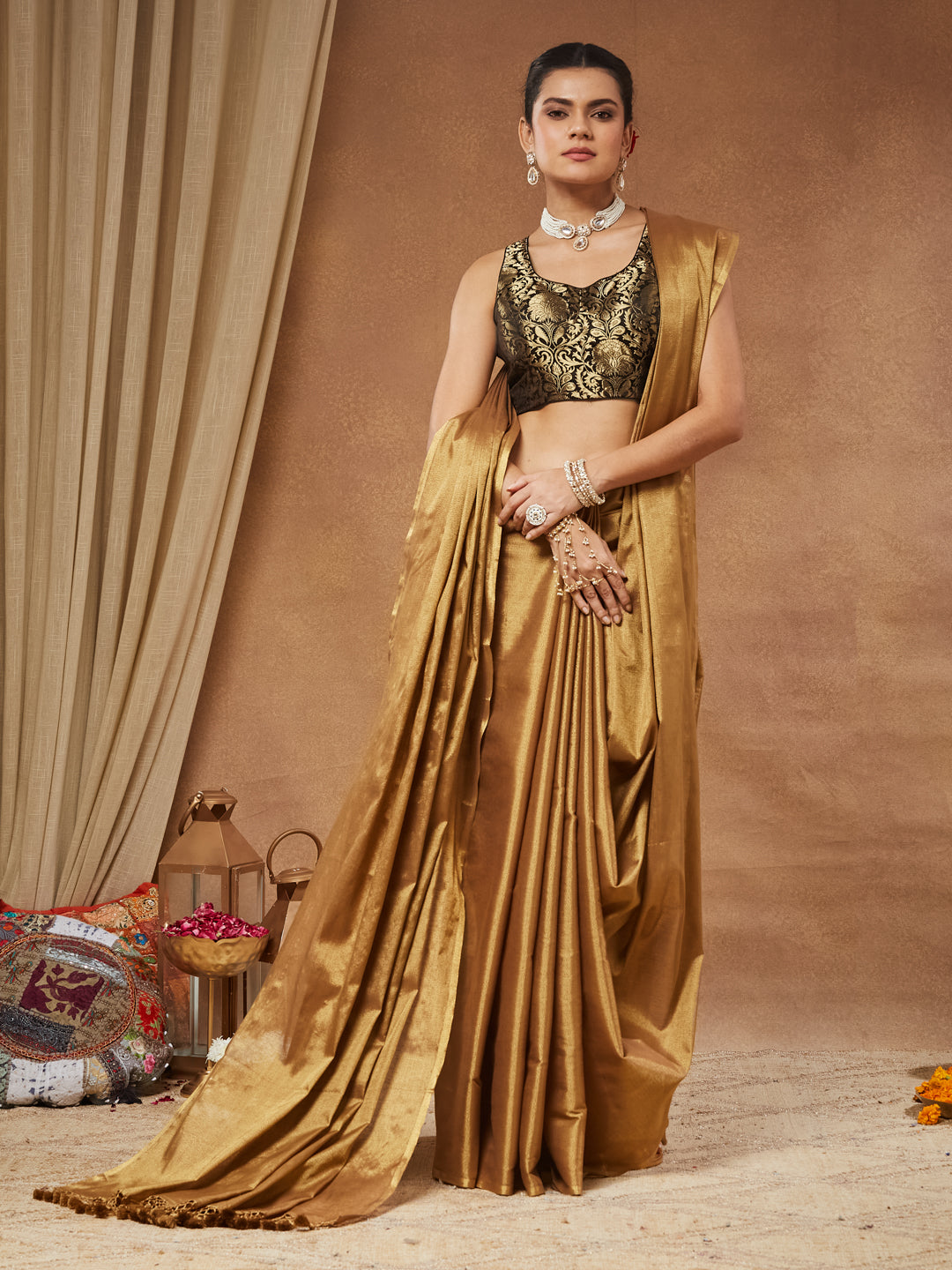 Yamini - Black Gold Zari Jaal Banarasi Brocade Saree Blouse