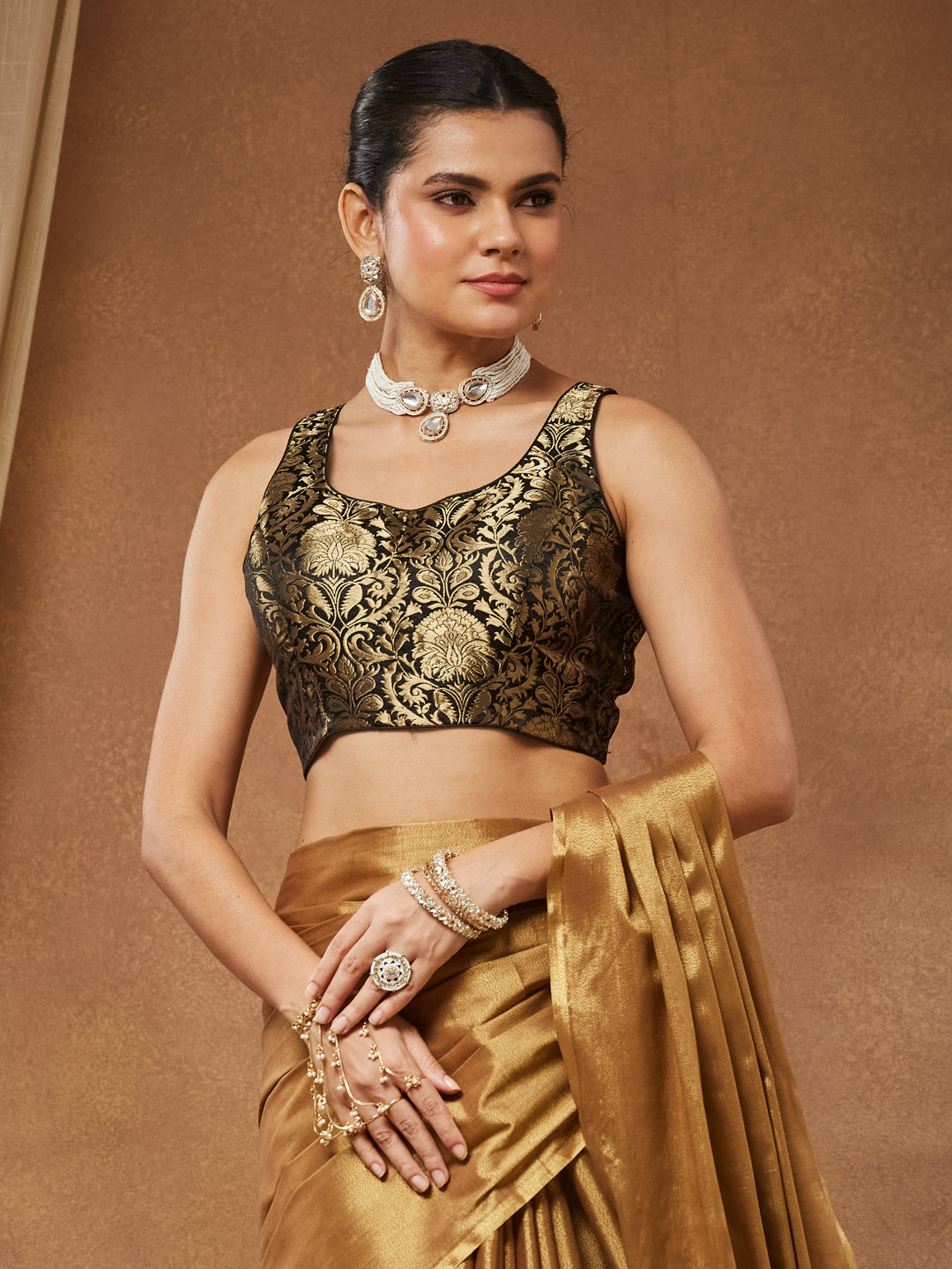Yamini - Black Gold Zari Jaal Banarasi Brocade Saree Blouse