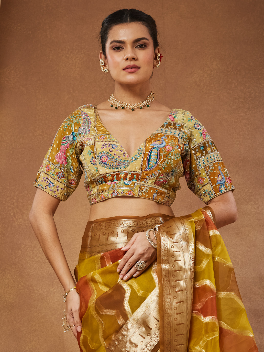 Manjari - Ochre Aari Embroidered Saree Blouse
