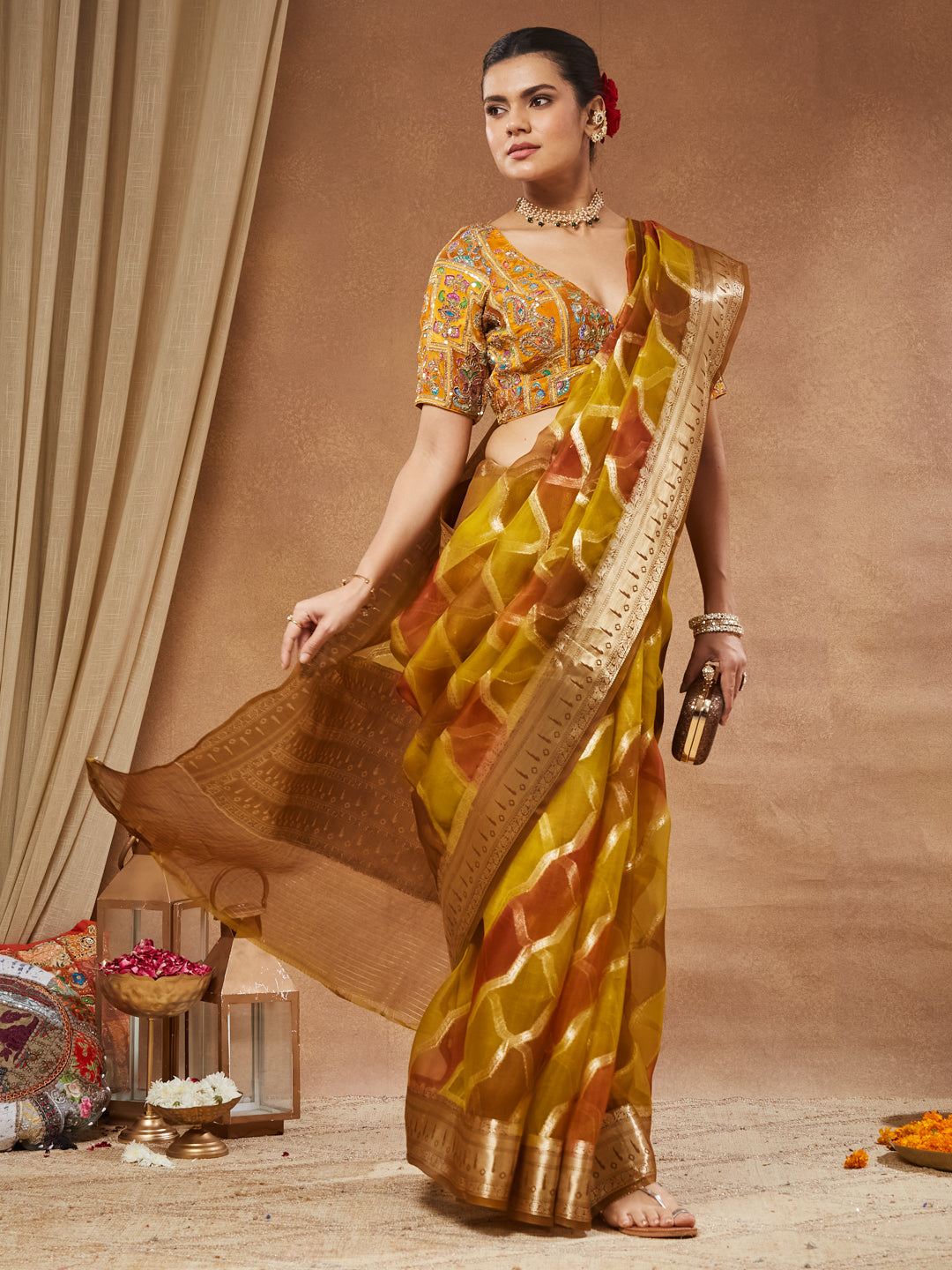 Champa - Marigold Grid Embroidered Saree Blouse