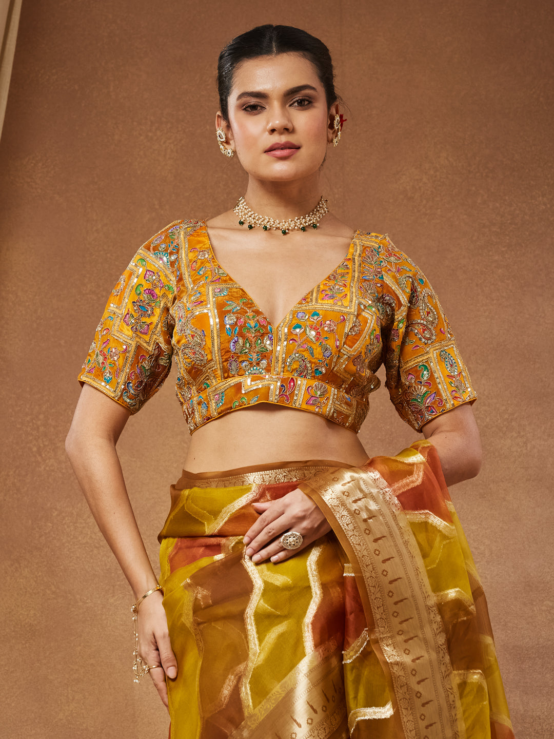 Champa - Marigold Grid Embroidered Saree Blouse