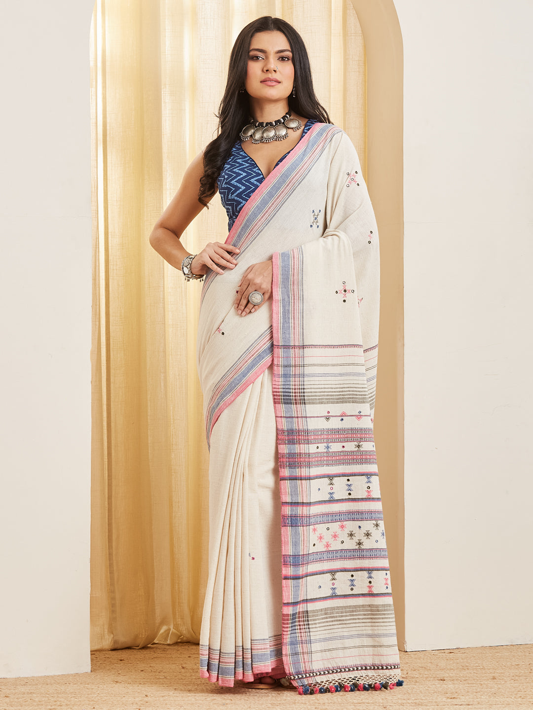 Chitrika - Ivory Handloom Cotton Saree with Kutchi Stripe Pallu