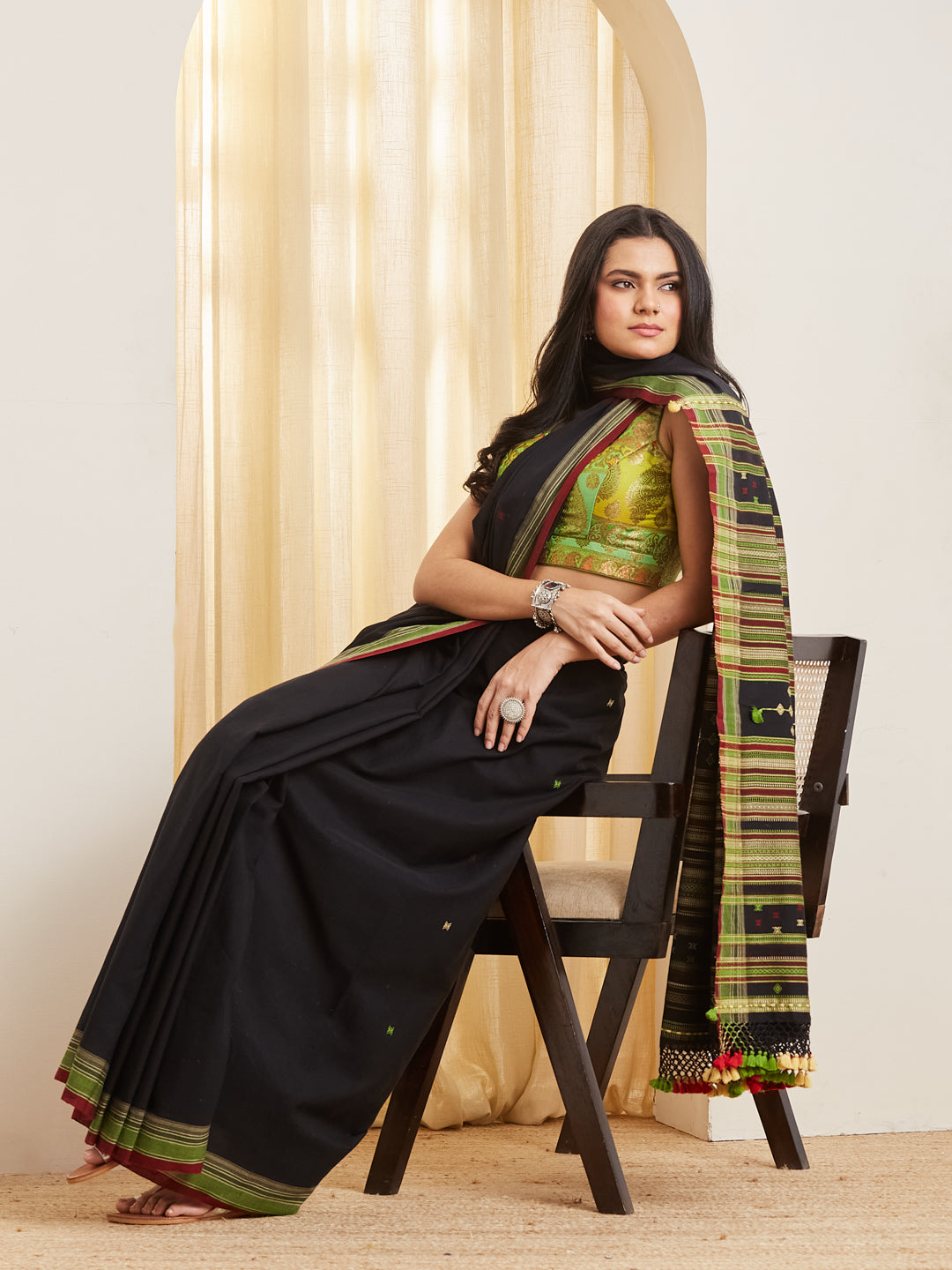 Tara - Black Handloom Saree with Olive and Maroon Stripe Border