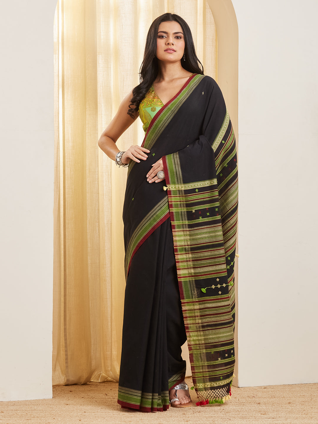 Tara - Black Handloom Saree with Olive and Maroon Stripe Border