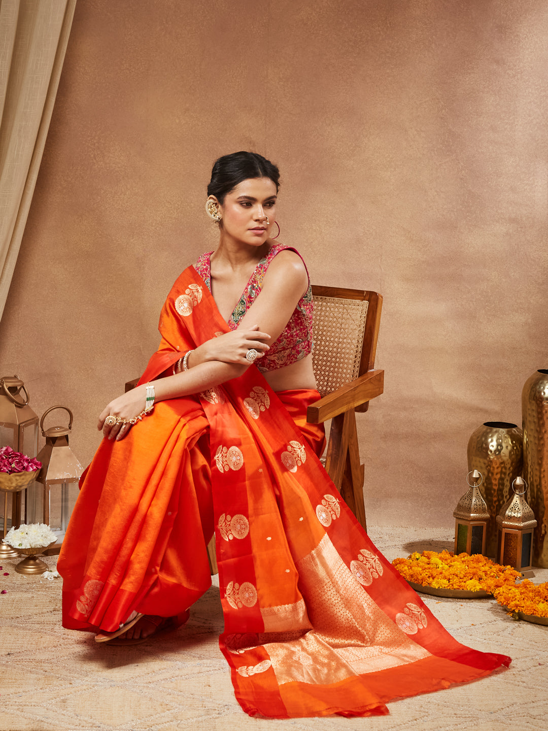 Kesar- Orange Zari Buti Silk Saree with Woven Gold Pallu