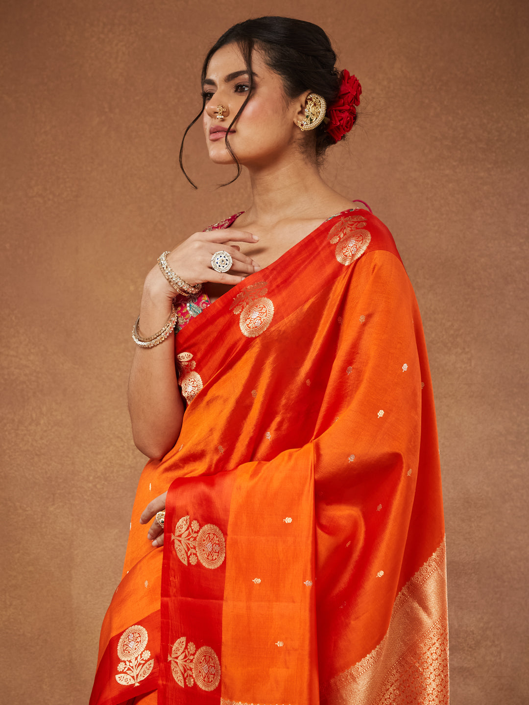 Kesar- Orange Zari Buti Silk Saree with Woven Gold Pallu