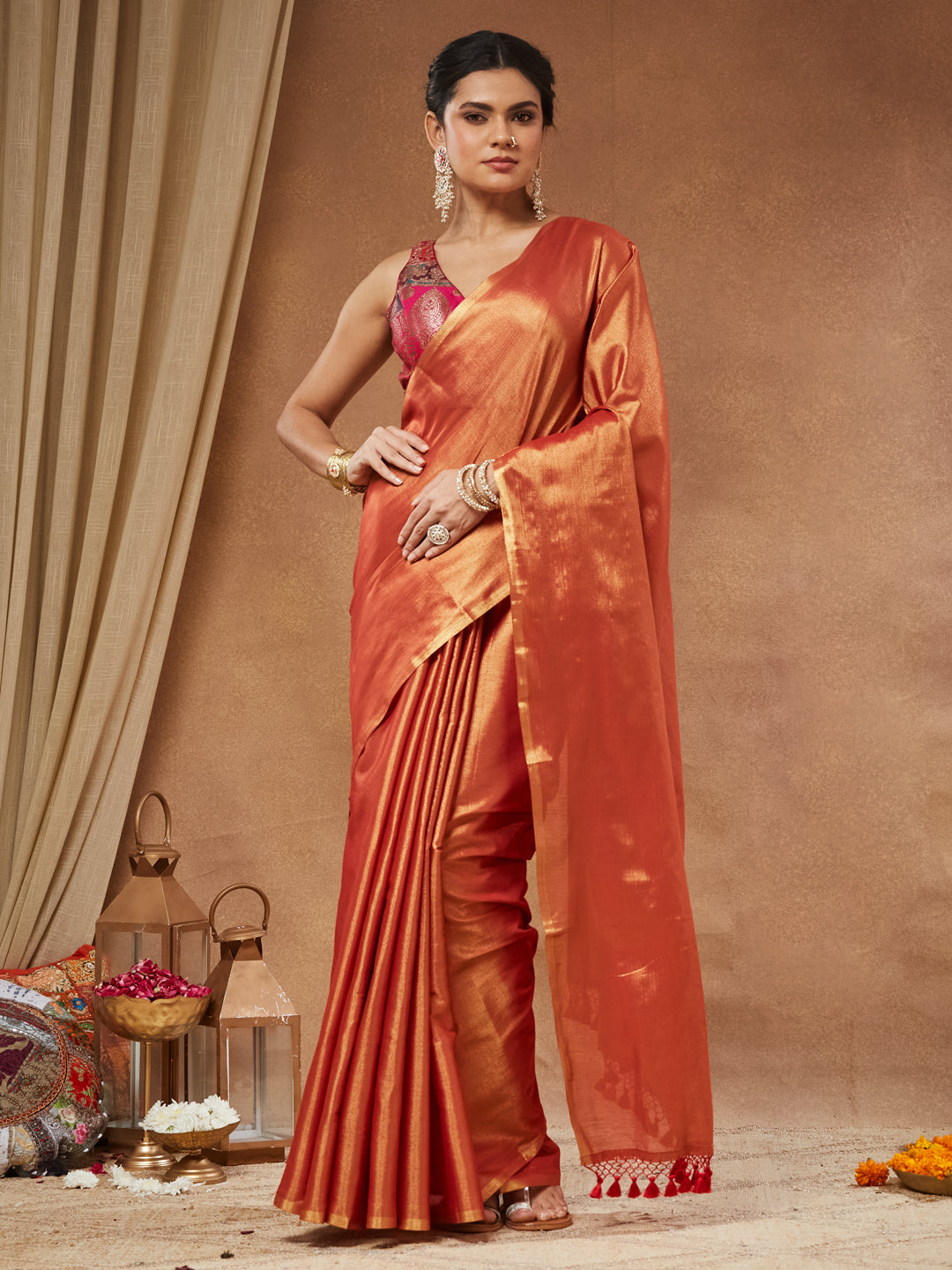 Aruna - Rust Orange Tissue Silk Saree with Tassel Pallu