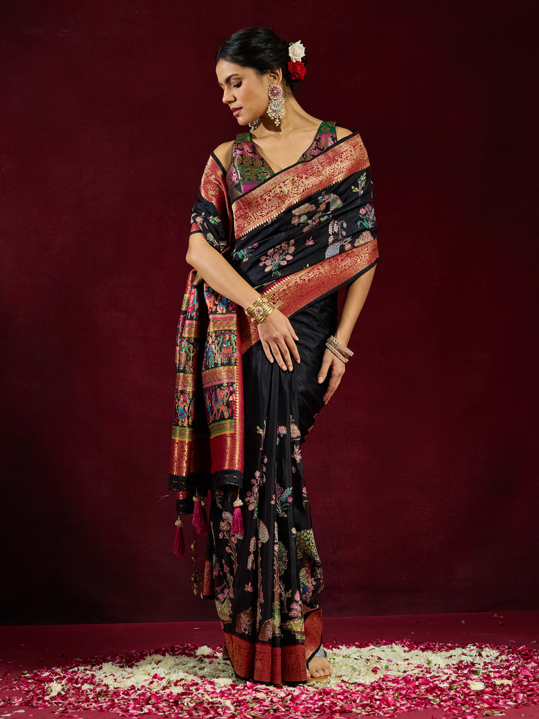 Meenakshi - Black Silk Saree with Multicolour Meena Figurative Pallu