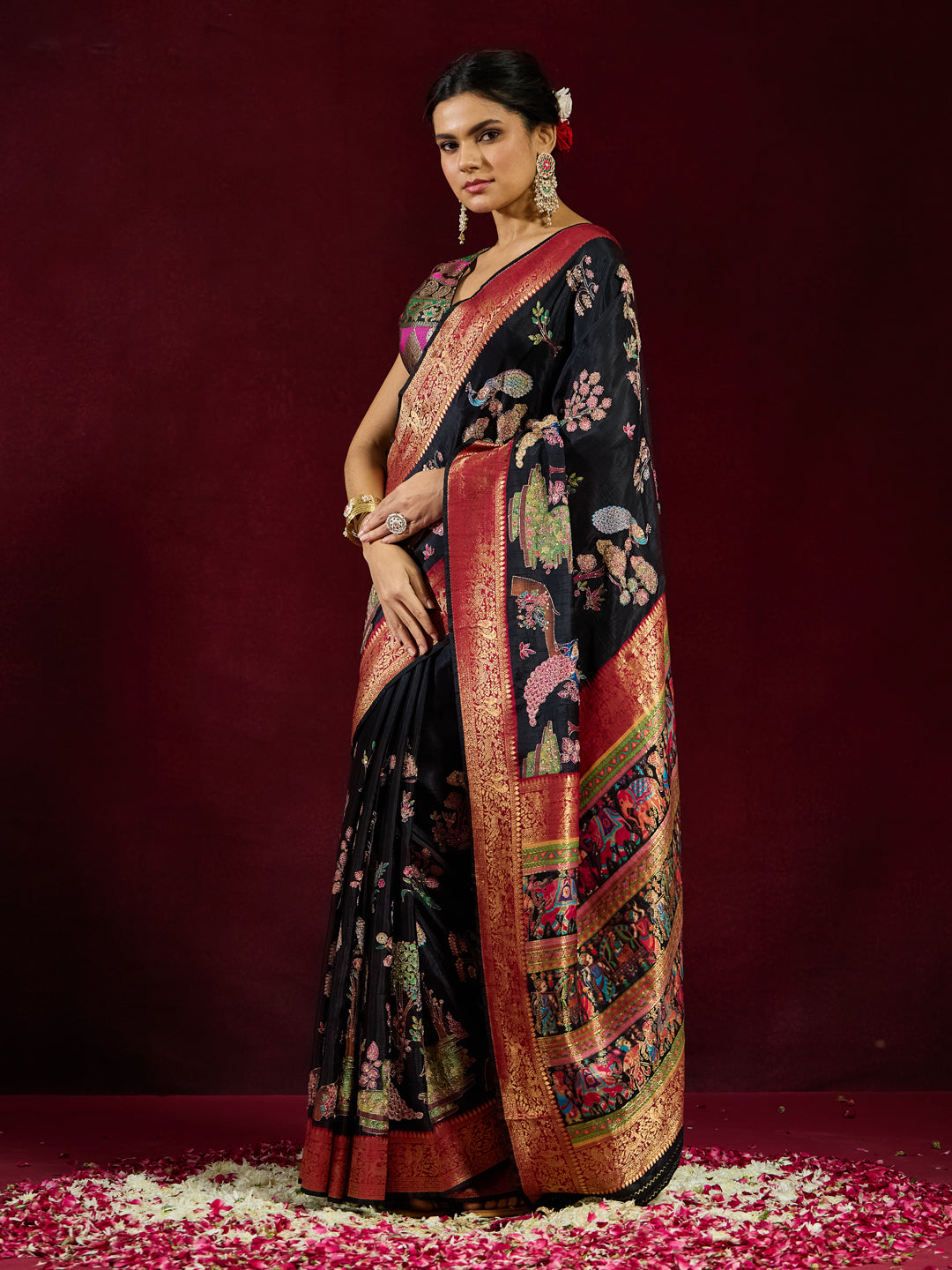 Meenakshi - Black Silk Saree with Multicolour Meena Figurative Pallu