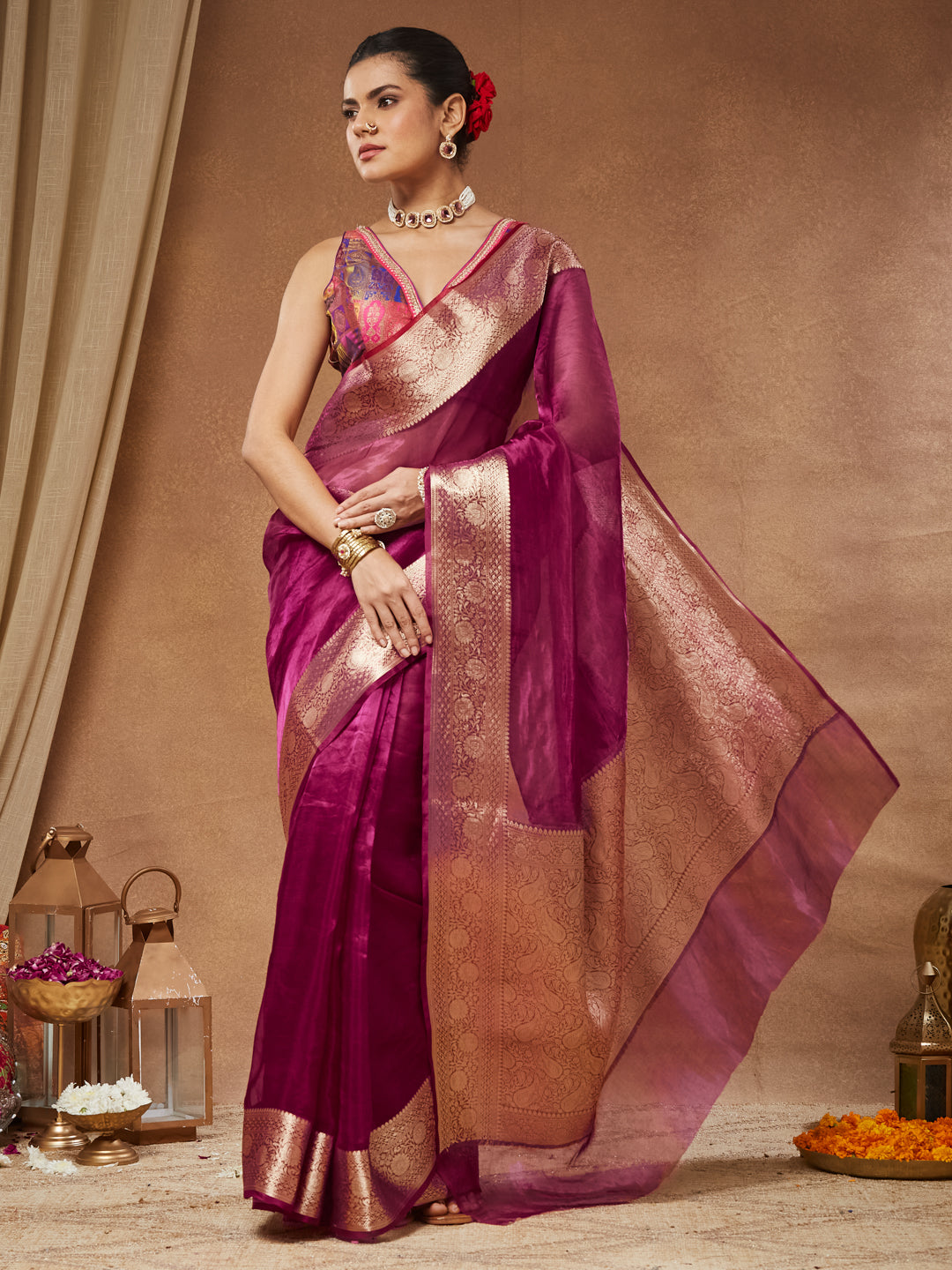 Gulaabo - Rani Pink Handwoven Tissue Silk Banarasi Saree with Antique Gold Border