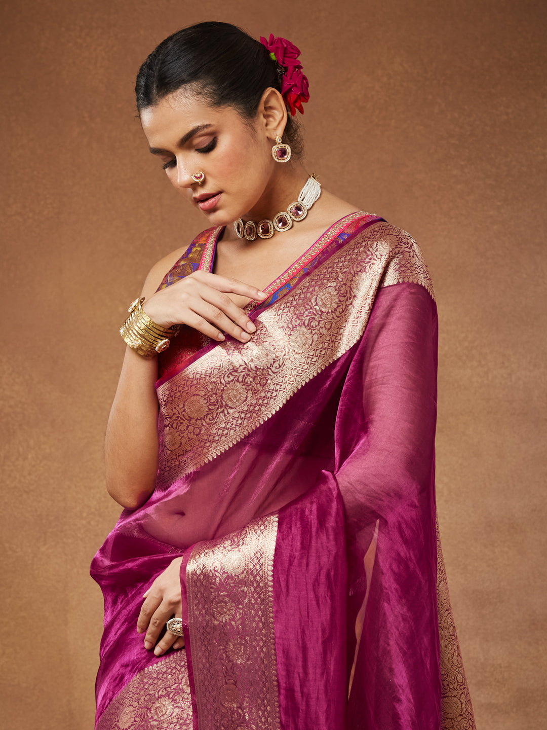 Gulaabo - Rani Pink Handwoven Tissue Silk Banarasi Saree with Antique Gold Border