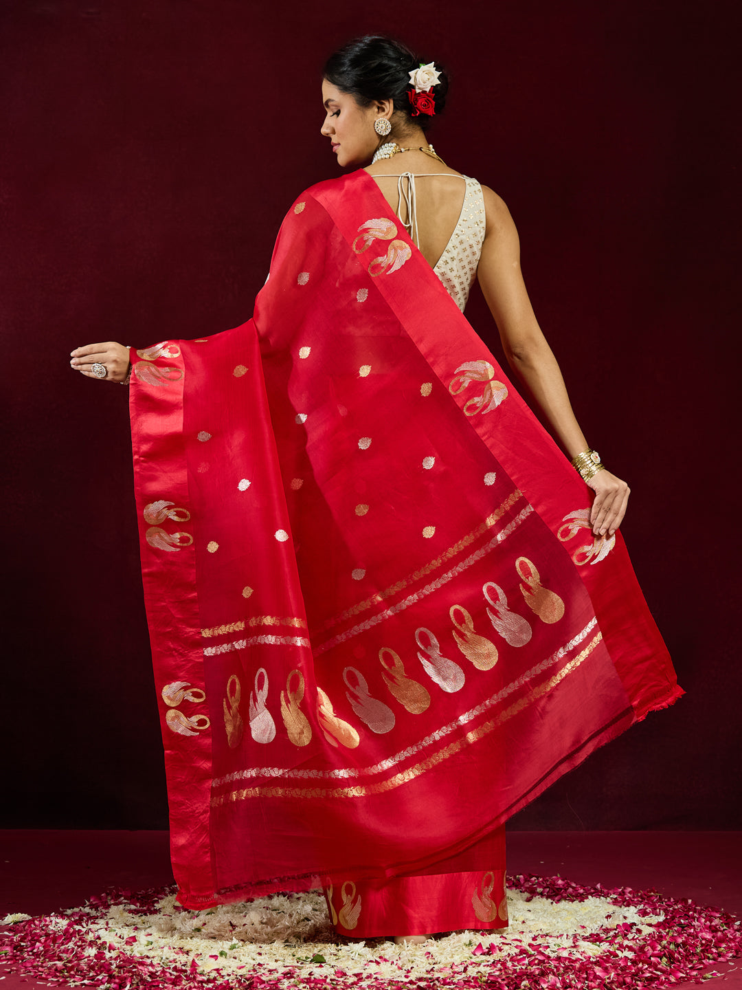 Sohini - Scarlet Silk Saree with Gold and Silver Paisley Butis