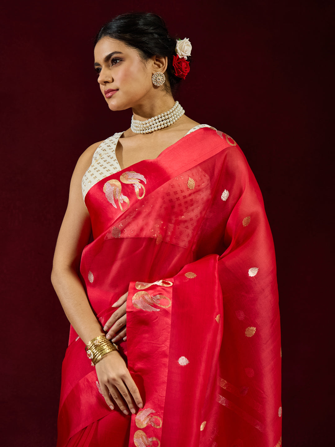 Sohini - Scarlet Silk Saree with Gold and Silver Paisley Butis