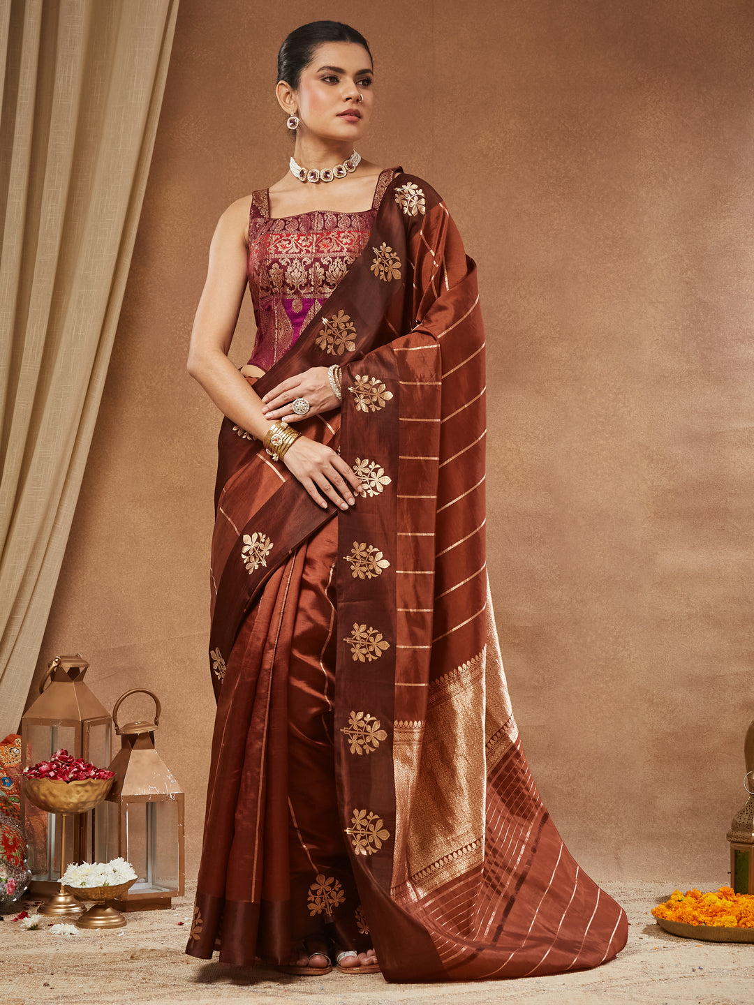 Kasturi - Copper Gold Tissue Silk Saree with Woven Stripe Pallu