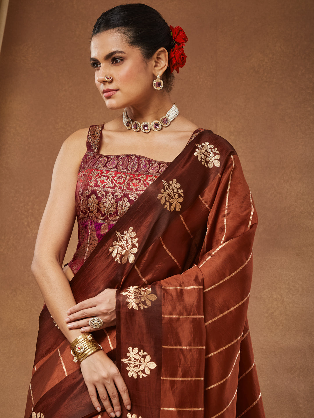 Kasturi - Copper Gold Tissue Silk Saree with Woven Stripe Pallu