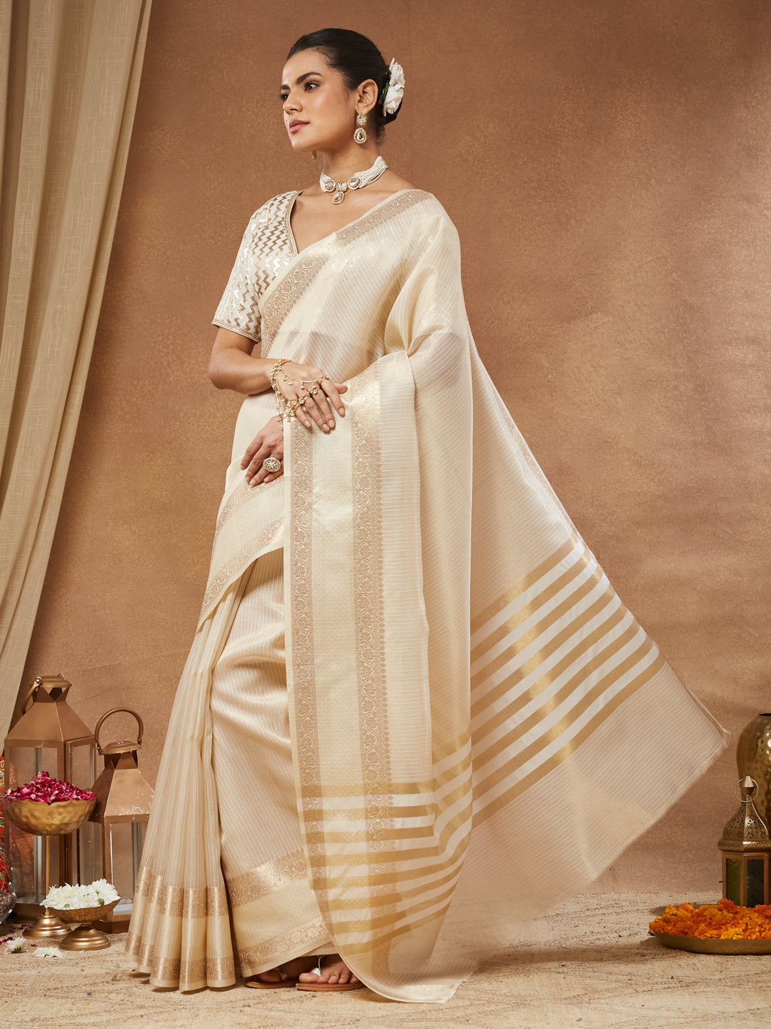 Sharada - Ivory Semi-Sheer Silk Cotton Saree with Zari Stripe Pallu