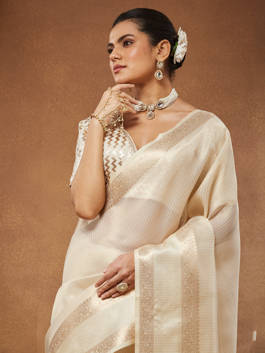 Sharada - Ivory Semi-Sheer Silk Cotton Saree with Zari Stripe Pallu