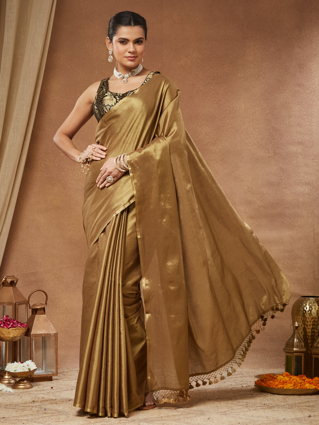 Kanak- Antique Gold Tissue Silk Saree with Tassel Pallu